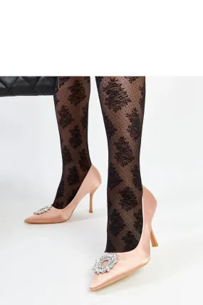 Beige satin-finished pumps with rhinestones