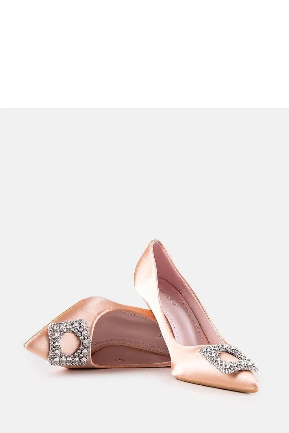 Beige satin-finished pumps with rhinestones