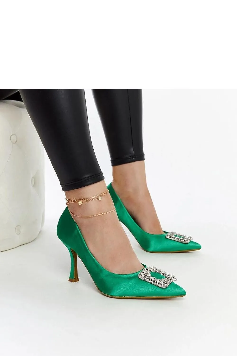 Beige satin-finished pumps with rhinestones