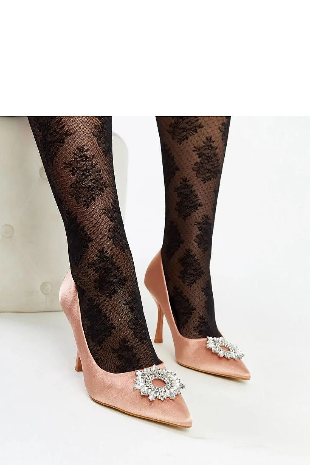 Beige satin-finished pumps with rhinestones
