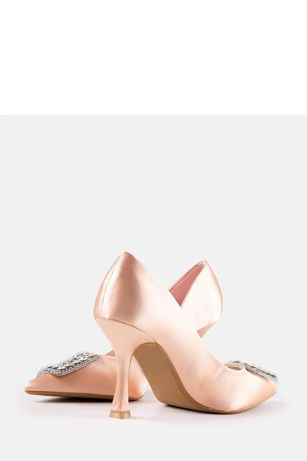 Beige satin-finished pumps with rhinestones