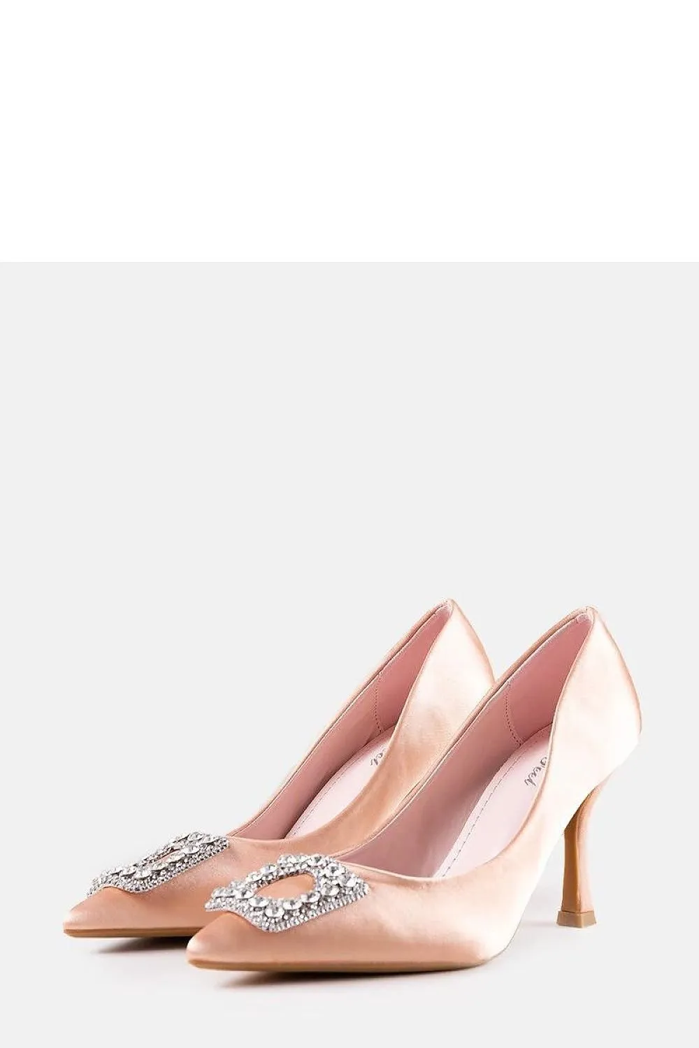 Beige satin-finished pumps with rhinestones