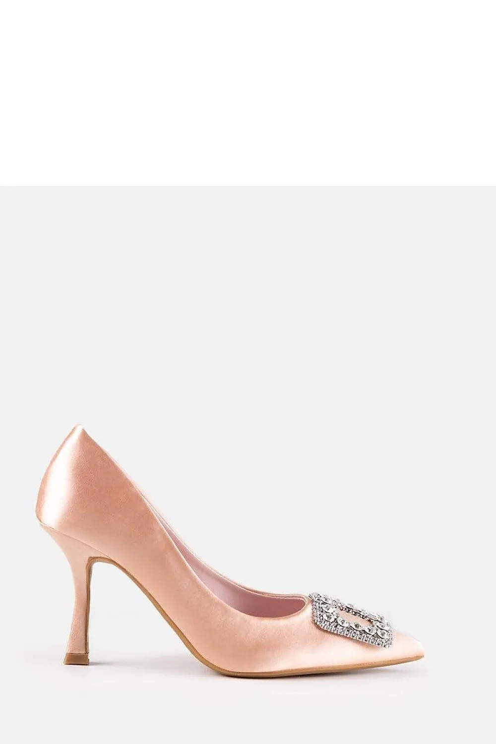 Beige satin-finished pumps with rhinestones