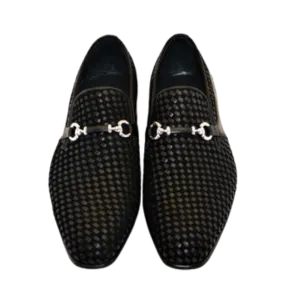 Black Men's Suede and Leather Shoes Hand Made Woven Loafer C0220-5776