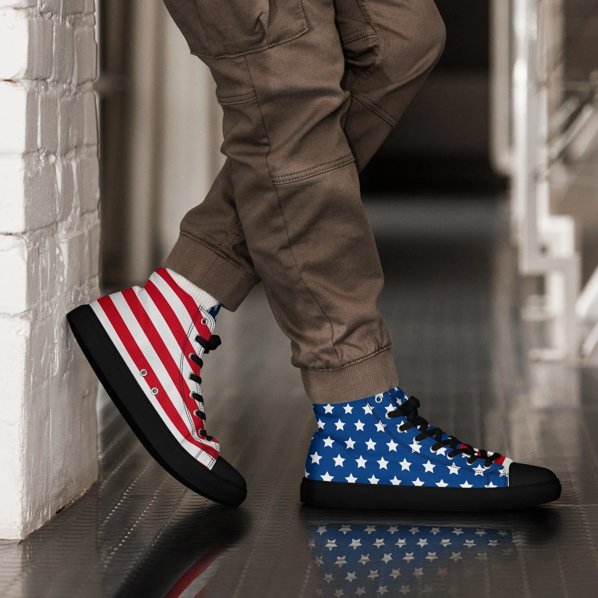 Black Sole American Flag Men’s high top canvas shoes
