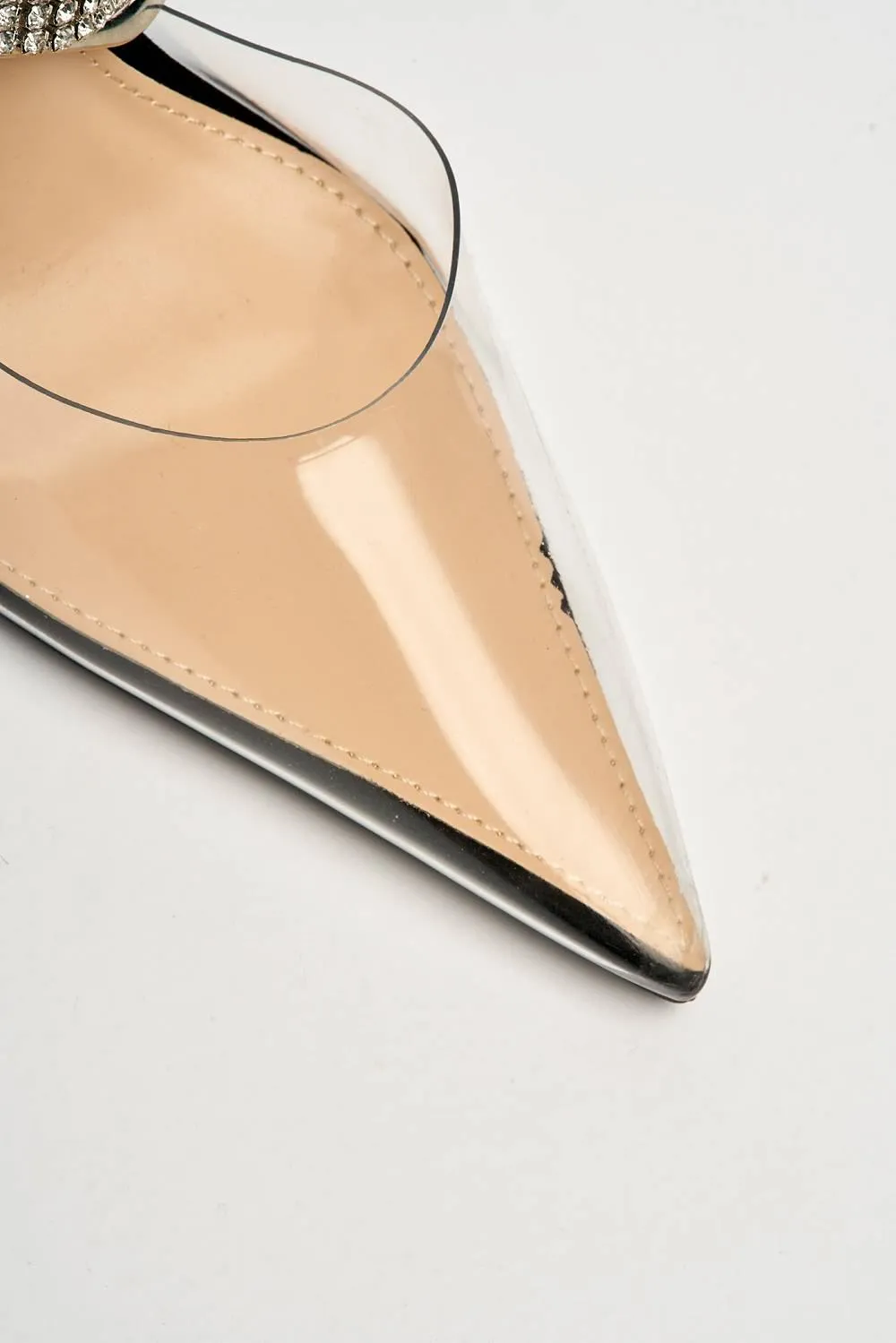 Classy Perspex Diamante Strap Buckle Pointed Toe Mule in Black