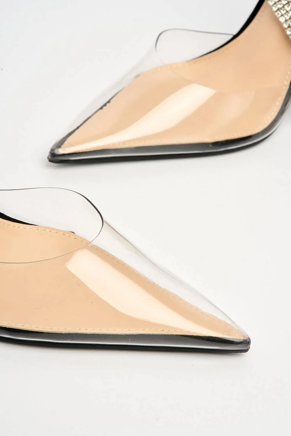 Classy Perspex Diamante Strap Buckle Pointed Toe Mule in Black