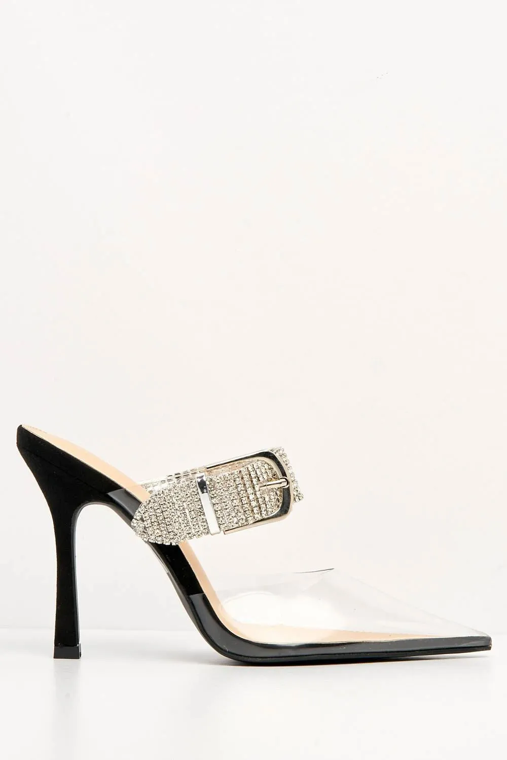 Classy Perspex Diamante Strap Buckle Pointed Toe Mule in Black