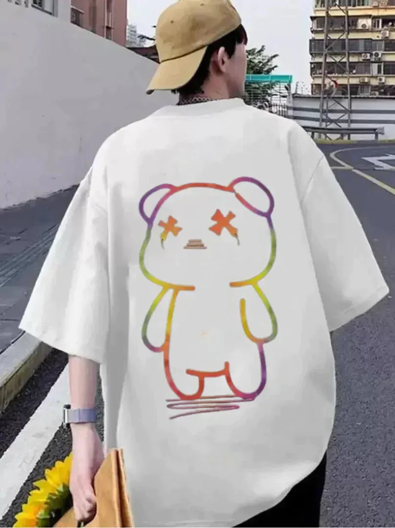 Lecowar PolyCotton White Oversized Three-Quarter Sleeves Printed Tshirts