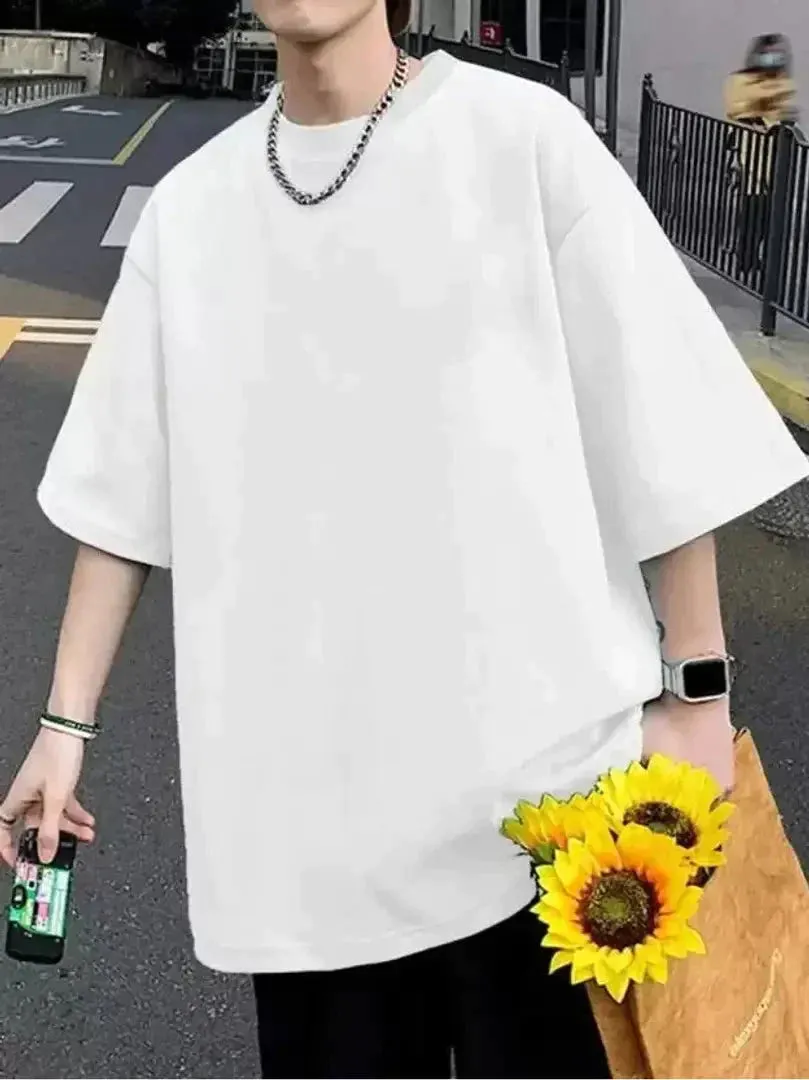 Lecowar PolyCotton White Oversized Three-Quarter Sleeves Printed Tshirts