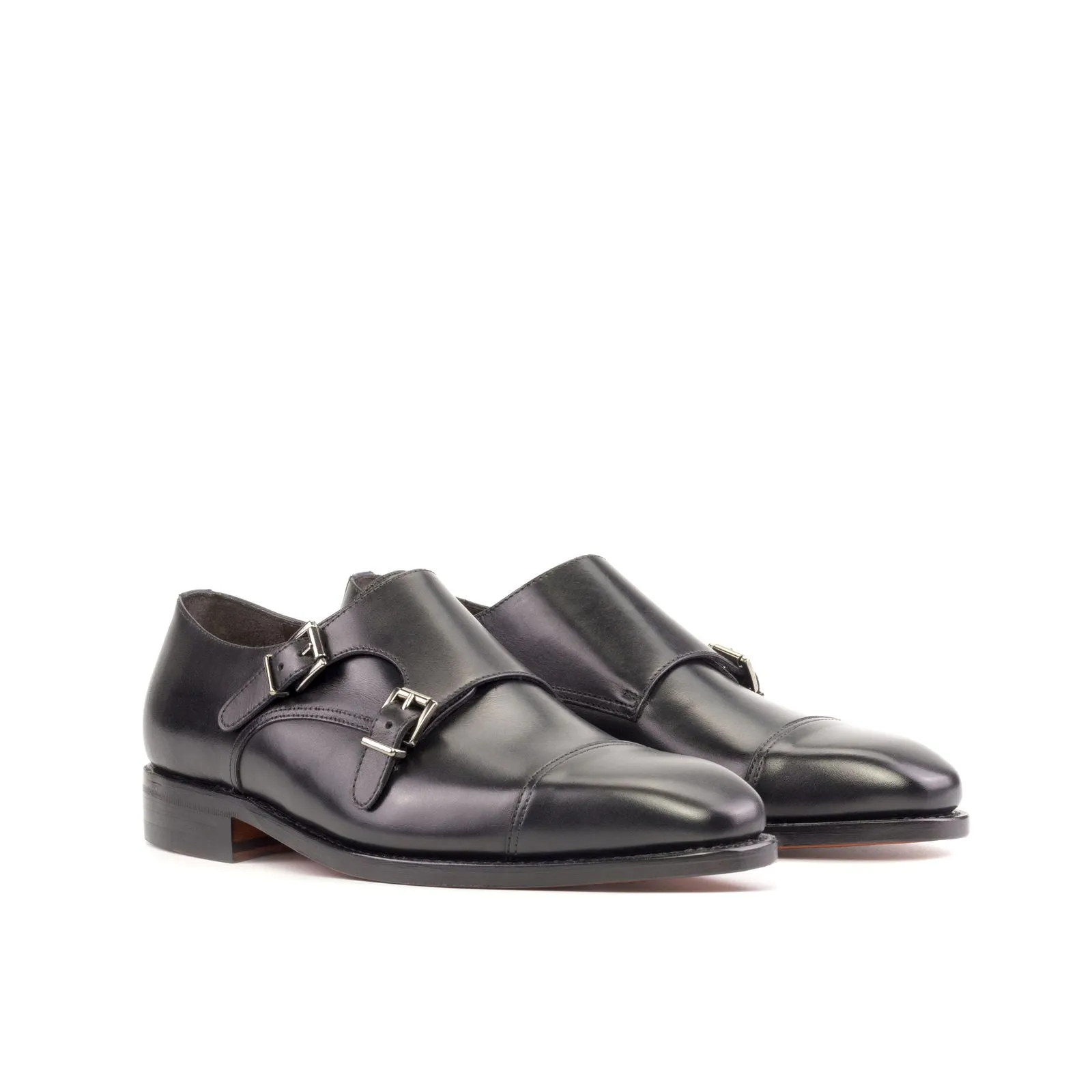 Men's Double Monk Leather Shoes Goodyear Welt Wide Plus Size Black 5262