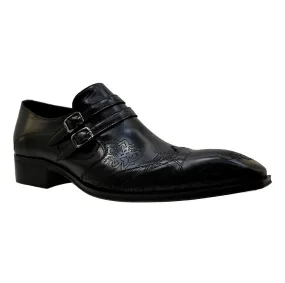 Men's Italian Shoes Jo Ghost 4952 Black Leather Embroidery Buckle Shoes