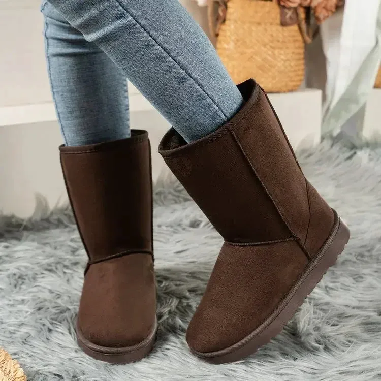 PU Women's Slip-On Mid-Calf Winter Snow Boots with Platform