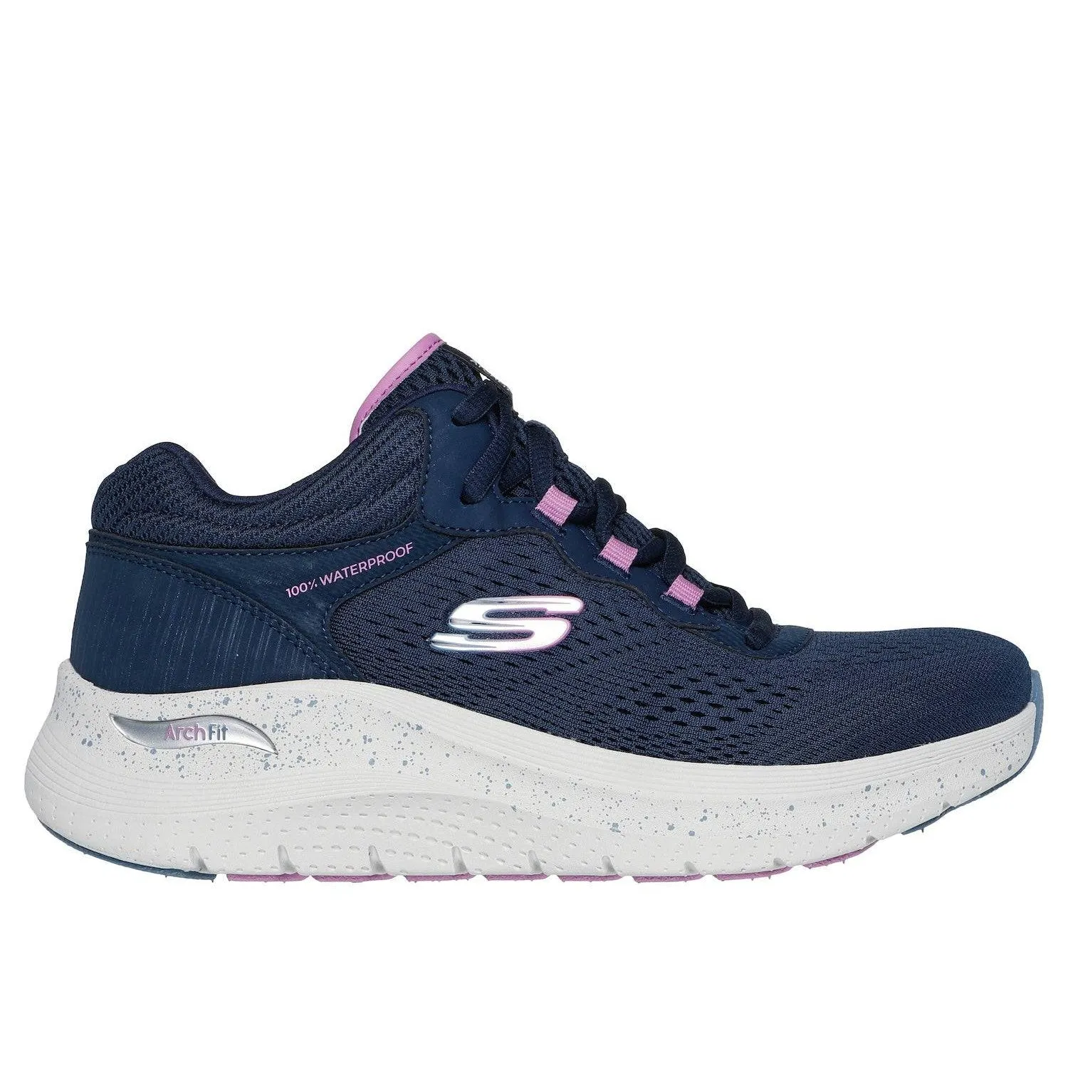 Skechers 150194 Arch Fit 2.0-Rainy Days Ladies Navy Purple Textile Waterproof Vegan Arch Support Lace Up Ankle Boots
