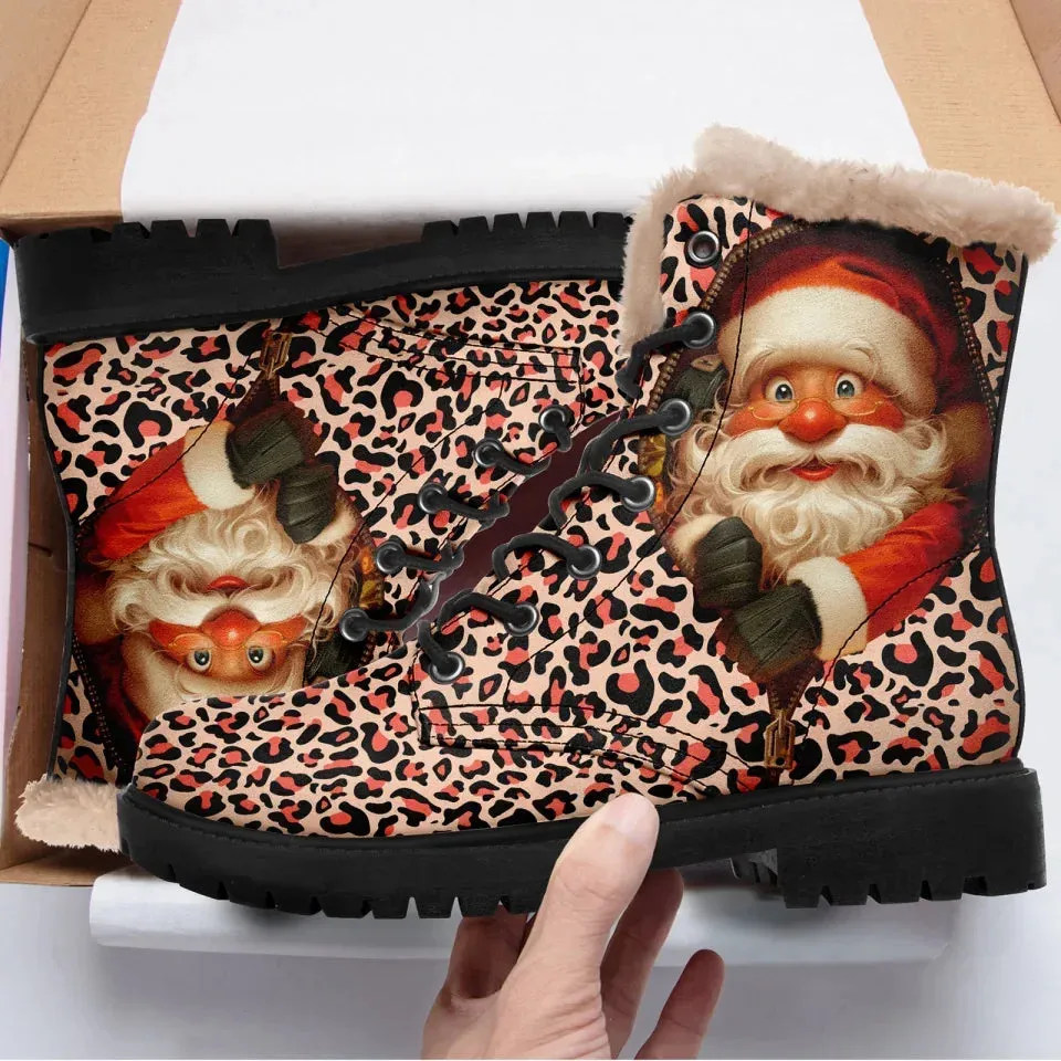 Unique Gift,Personalized Santa Claus Boots, Custom Fur Lining Winter Boots, Leopard Boots for Men and Women