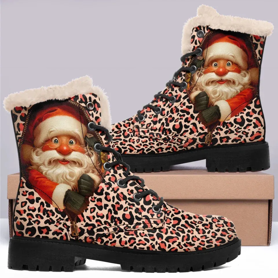 Unique Gift,Personalized Santa Claus Boots, Custom Fur Lining Winter Boots, Leopard Boots for Men and Women