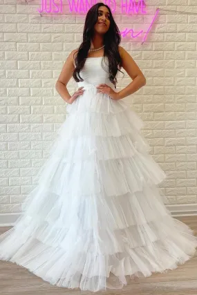 White Strapless Tiered A-Line Long Prom Dress with Ruffles  PSK410