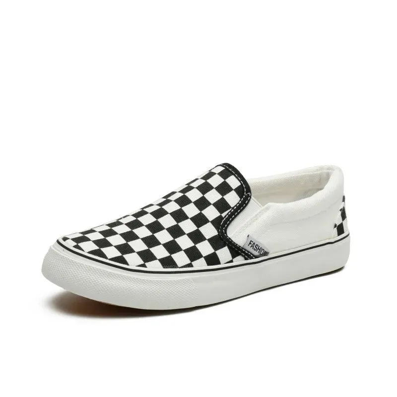 Women Vulcanized Shoes Spring Student Canvas Shoes Slip on Sneakers Checkerboard Shoes Flat Shoes Casual Shoes for Women