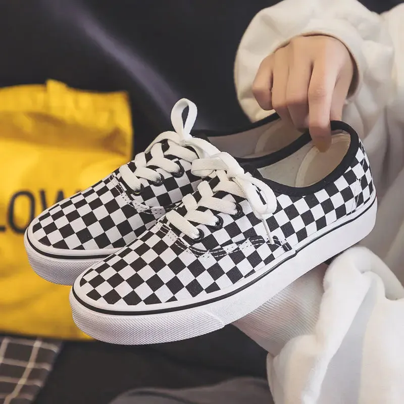 Women Vulcanized Shoes Spring Student Canvas Shoes Slip on Sneakers Checkerboard Shoes Flat Shoes Casual Shoes for Women