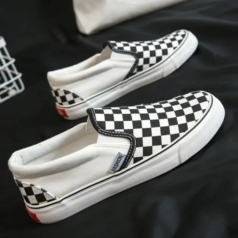 Women Vulcanized Shoes Spring Student Canvas Shoes Slip on Sneakers Checkerboard Shoes Flat Shoes Casual Shoes for Women