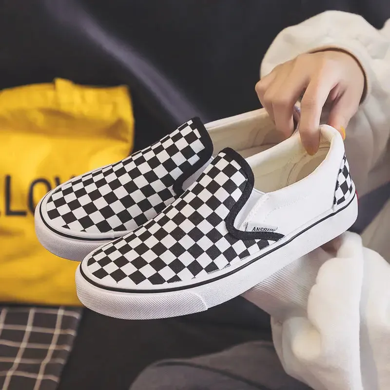 Women Vulcanized Shoes Spring Student Canvas Shoes Slip on Sneakers Checkerboard Shoes Flat Shoes Casual Shoes for Women