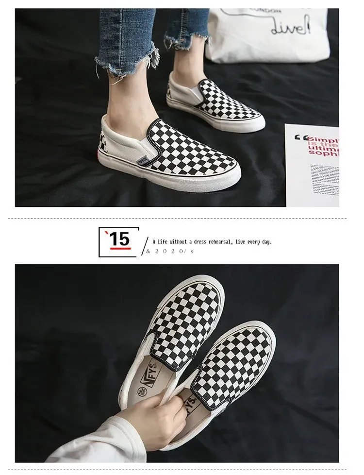 Women Vulcanized Shoes Spring Student Canvas Shoes Slip on Sneakers Checkerboard Shoes Flat Shoes Casual Shoes for Women
