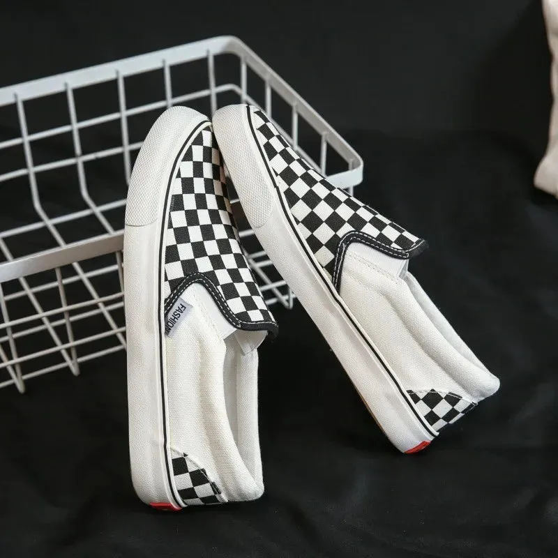 Women Vulcanized Shoes Spring Student Canvas Shoes Slip on Sneakers Checkerboard Shoes Flat Shoes Casual Shoes for Women