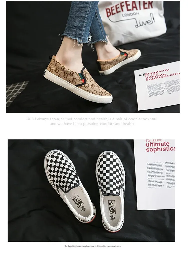 Women Vulcanized Shoes Spring Student Canvas Shoes Slip on Sneakers Checkerboard Shoes Flat Shoes Casual Shoes for Women