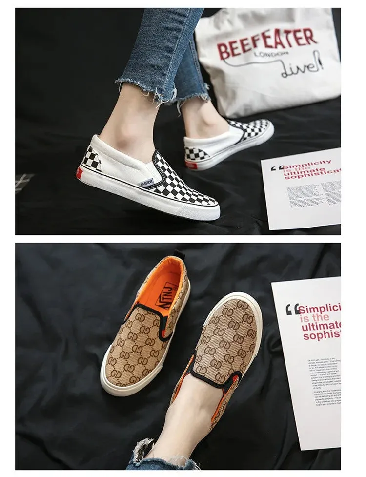 Women Vulcanized Shoes Spring Student Canvas Shoes Slip on Sneakers Checkerboard Shoes Flat Shoes Casual Shoes for Women