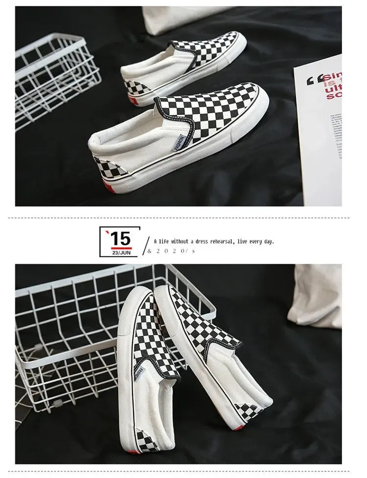 Women Vulcanized Shoes Spring Student Canvas Shoes Slip on Sneakers Checkerboard Shoes Flat Shoes Casual Shoes for Women