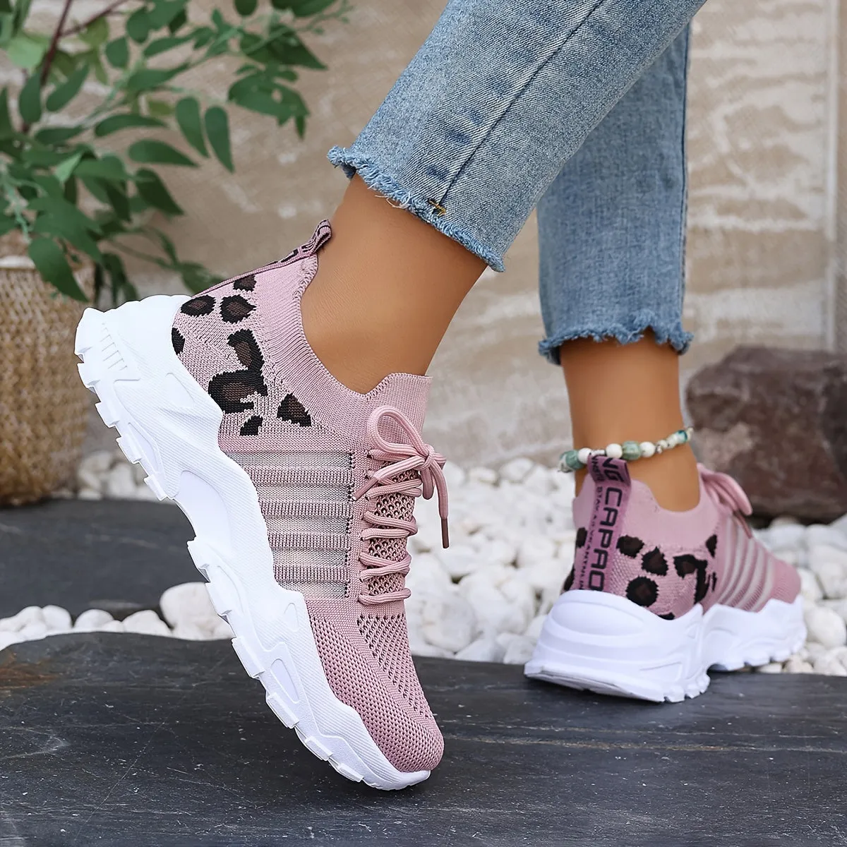 Women's Leopard Print Lace-up Running Shoes, Breathable Platform (Plus Size)
